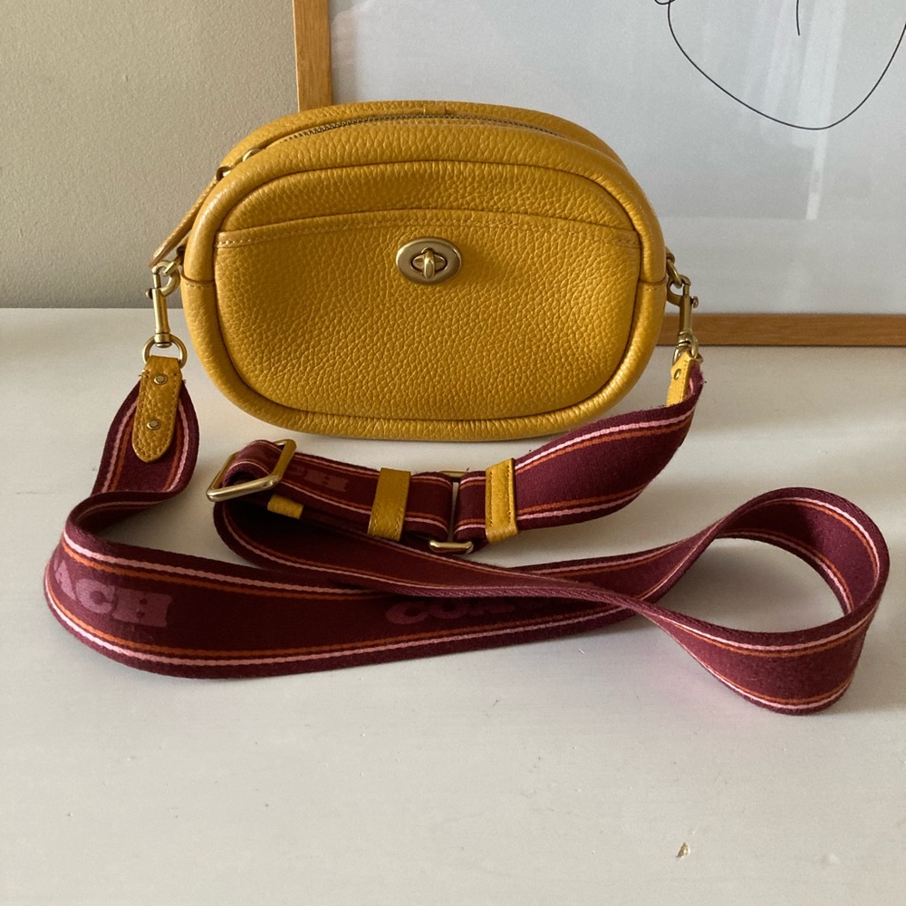 Coach Mustard Yellow Pebbled Leather Crossbody with Burgundy Strap